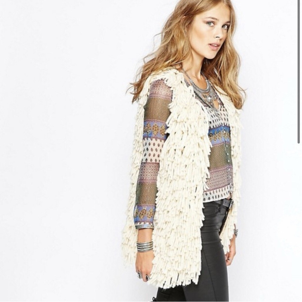 AS by DF Handmade Loop Fringe Ivory Open Front Sleeveless Sweater Vest Small